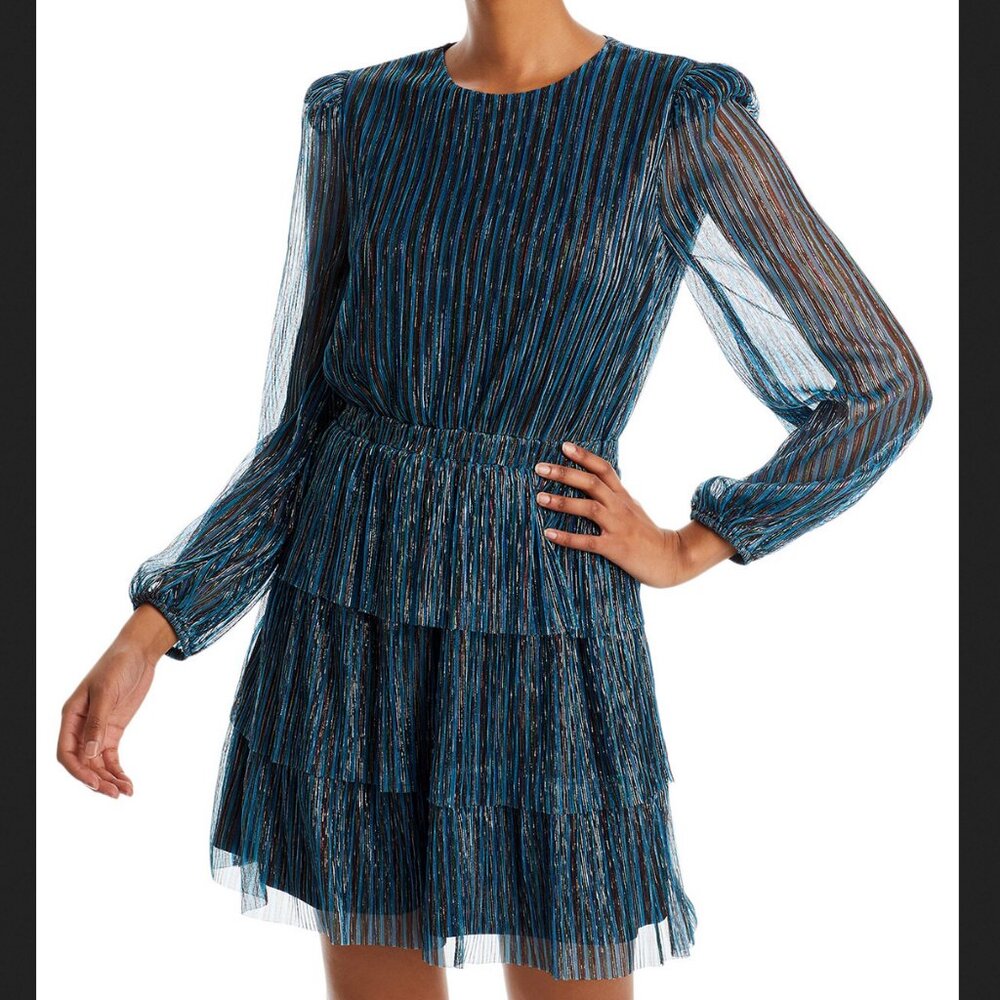 AQUA Metallic Stripe Tiered Mini Dress-NEW